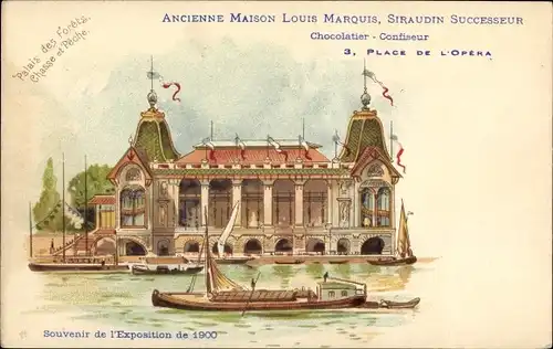 Litho Paris, Exposition de 1900, Palais des Forets, Chocolatier Louis Marquis, Reklame