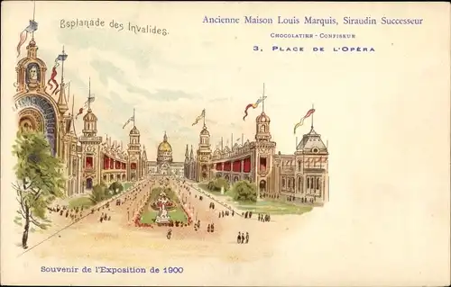 Litho Paris, Exposition de 1900, Esplanade des Invalides, Chocolatier Louis Marquis, Reklame