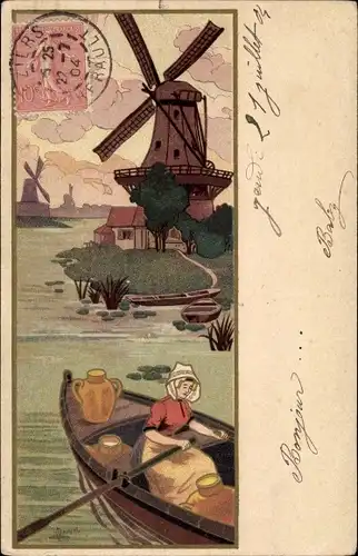 Künstler Ak Medsille, Frau im Ruderboot, Windmühle