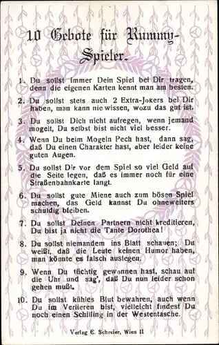 Ak 10 Gebote für Rummy Spieler, Kartenspiel