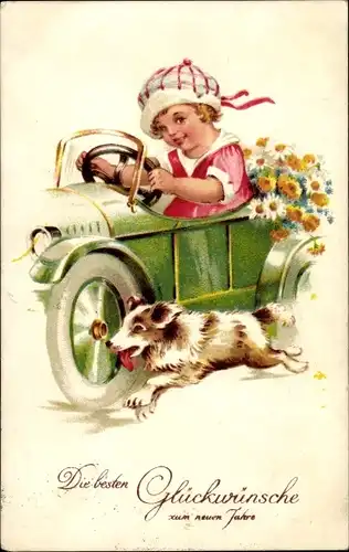 Ak Glückwunsch Neujahr, Mädchen mit Blumen im Automobil, Hund