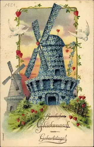 Präge Ak Glückwunsch Geburtstag, Windmühle aus Vergissmeinnicht
