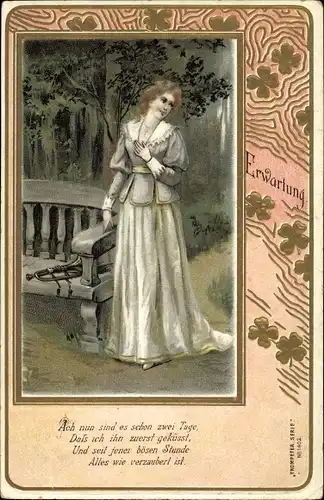 Präge Passepartout Ak Erwartung, Frau an einer Bank, Trompeter von Säckingen