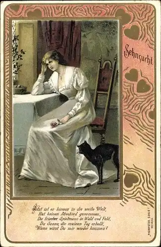 Präge Passepartout Ak Sehnsucht, Jetzt ist er hinaus in die weite Welt, Trompeter von Säckingen