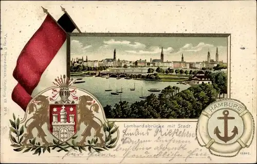 Präge Passepartout Ak Hamburg, Lombardsbrücke mit Stadt, Wappen