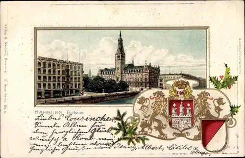 Präge Passepartout Litho Hamburg, Blick auf das Rathaus, Wappen