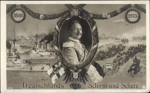 Passepartout Ak Kaiser Wilhelm II., Zeppelin, Deutsches Kriegsschiff, Deutschlands Schirm und Schutz