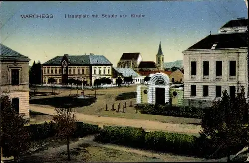 Ak Marchegg in Niederösterreich, Hauptplatz mit Schule und Kirche