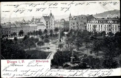 Ak Plauen im Vogtland, Aufsicht auf Albertplatz, Obelisk, Schild C. Otto Zoephel