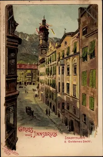 Litho Innsbruck in Tirol, Stadtturm, Goldenes Dahl