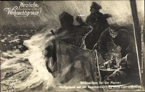 Künstler Ak Bohrdt, Hans, Glückwunsch Weihnachten, Deutsches U Boot, Kommandobrücke