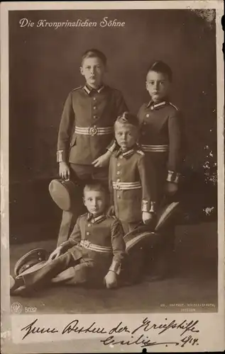 Ak Die Söhne des Kronprinzenpaares, Louis Ferdinand, Wilhelm, Hubertus, Friedrich