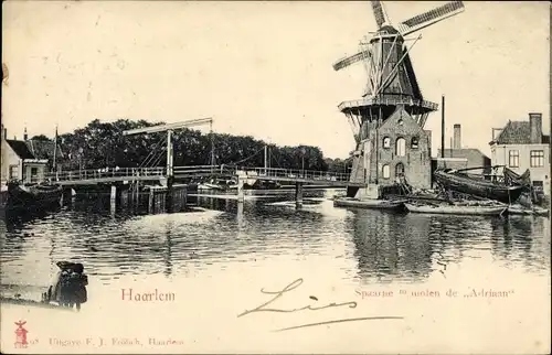 Ak Haarlem Nordholland Niederlande, Spaarne met molen de Adriaan