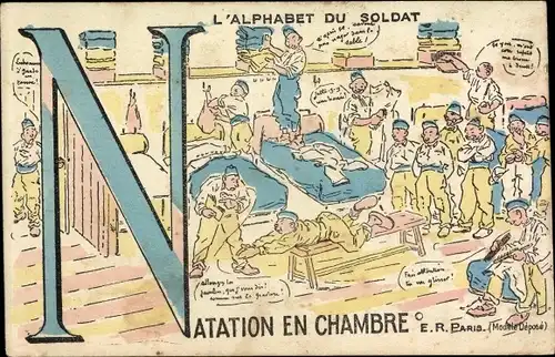 Buchstaben Ak N, Alphabet du Soldat, Natation en Chambre, französische Soldaten