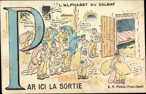 Buchstaben Ak P, Alphabet du Soldat, Par ici la Sortie, französische Soldaten