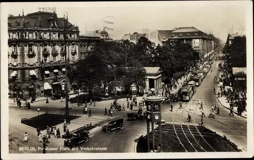Ak Berlin Tiergarten, Potsdamer Platz mit Verkehrsturm, Straßenbahn