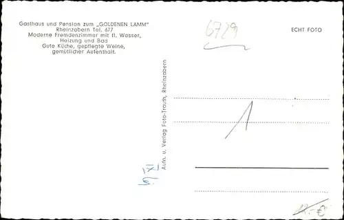 Ak Rheinzabern in der Pfalz, Gasthaus und Pension zum Goldenen Lamm, Außenansicht, Zimmer