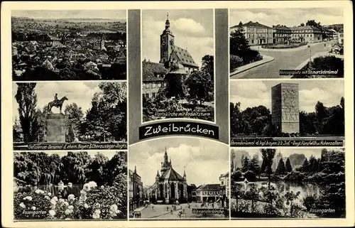 Ak Zweibrücken in Rheinland Pfalz, Herzogsplatz mit Bismarck Denkmal, Alexanderkirche