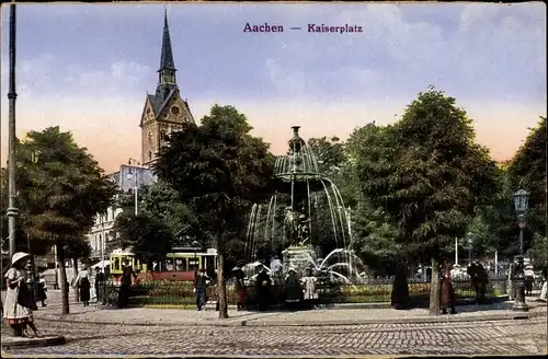 Ak Aachen in Nordrhein Westfalen, Kaiserplatz, Springbrunnen, Straßenbahn