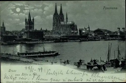 Mondschein Ak Köln, Panoramaansicht mit Dom, Bahnhof und Rhein