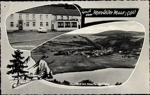 Ak Meerfeld in der Eifel, Gasthaus Molitor, Meerfelder Maar, Luftansicht