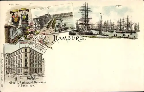 Litho Hamburg, Jungfernstieg, Hotel Germania, Hafen, Frauen in Vierländer Trachten