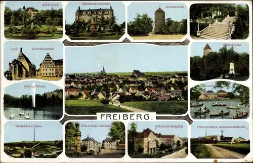 Ak Freiberg in Sachsen, Dom, Schlossplatz, Johannis Hospital, Donatsturm, Panorama, Halsbrücker Esse