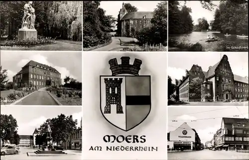 Ak Moers am Niederrhein, Wappen, Im Schlosspark, Krankenhaus, Denkmal
