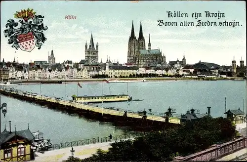 Ak Köln am Rhein, Wappen, Dom, Rhein, Brücke, Schiff, Blick vom anderen Ufer