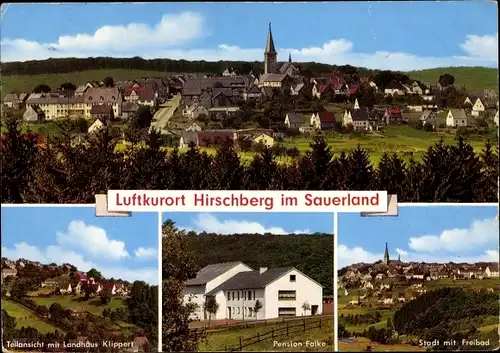 Ak Hirschberg Warstein im Sauerland, Pension Falke, Stadt Freibad, Teilansicht Landhaus Klippe