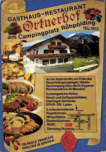 Ak Ruhpolding in Oberbayern, Gasthaus-Restaurant Ortnerhof, Sommer- und Wintercamping am Rauschberg