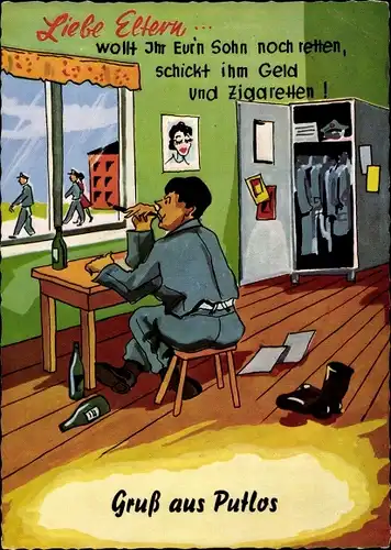 Ak Truppenübungsplatz Putlos bei Oldenburg in Holstein,, Soldat, Schreibtisch, Spind, Gedicht