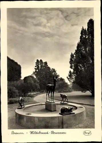 Ak Hansestadt Bremen, Hildebrand-Brunnen, Rehe am Wall, Figuren, Wiese