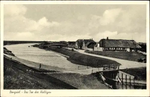 Ak Bongsiel Ockholm in Nordfriesland, Das Tor zu den Halligen, Panorama mit Schleuse