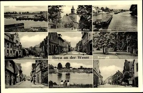 Ak Hova Weser, Hafen, Ev. Kirche, Deichstraße, Lange Straße, Schlossplatz, Bürgerpark, Strandbad