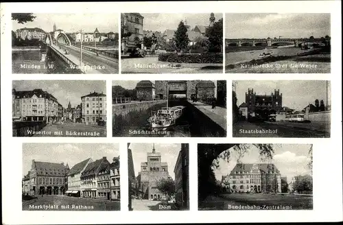 Ak Minden in Westfalen, Menzelbrunnen, Kanalbrücke über die Weser, Marktplatz mit Rathaus, Dom