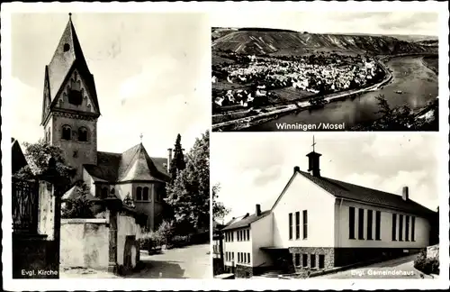 Ak Winningen an der Mosel, Panorama, Evgl. Kirche, Evgl. Gemeindehaus