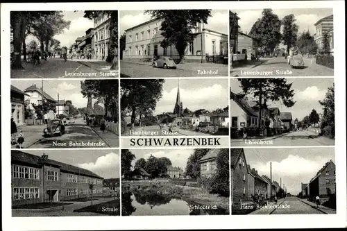 Ak Schwarzenbek in Lauenburg, Lauenburger Straße, Bahnhof, Schlossteich, Uhlenhorst, Schule