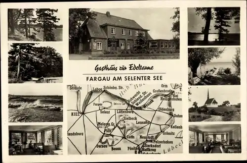 Ak Fargau am Selenter See, Gasthaus zur Edeltanne, Ortskarte, Kirche, Strand, Panorama