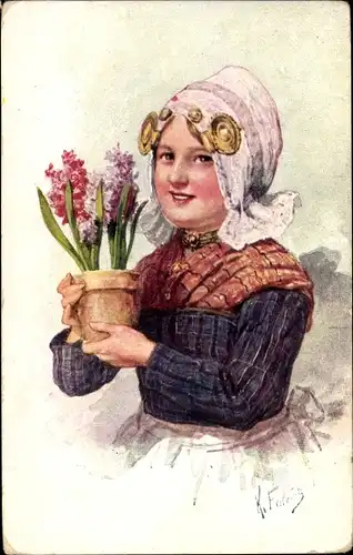 Künstler Ak Feiertag, Karl, Mädchen in niederländischer Tracht, Blumen, Blumentopf