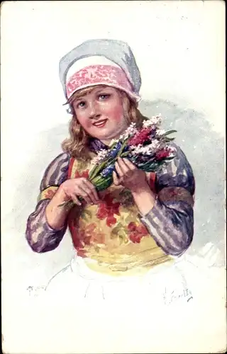 Künstler Ak Feiertag, Karl, Mädchen in niederländischer Tracht, Blumen, Blumentopf