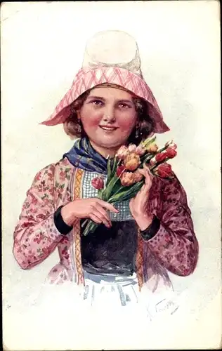 Künstler Ak Feiertag, Karl, Frau in holländischer Volkstracht, Blumen, BKWI 814 4