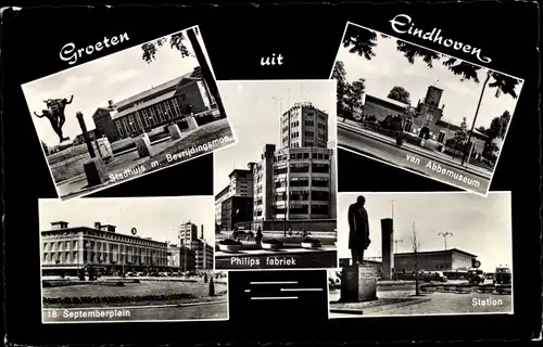 Ak Eindhoven Nordbrabant Niederlande, Stadhuis m. Bevrijdingsmon., van Abbemuseum, Station