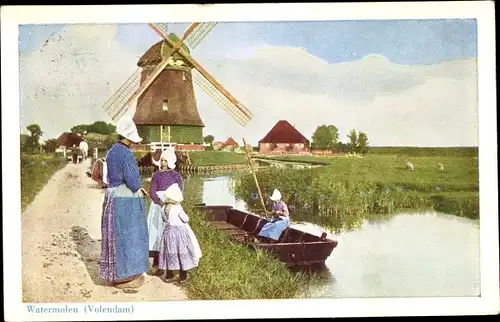Ak Volendam Nordholland, Niederlande, Watermolen, Windmühle, Trachten, Mädchen