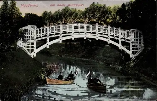 Ak Magdeburg in Sachsen Anhalt, Partie am Adolf Mittag See, Brücke, Ruderboote