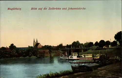 Ak Magdeburg in Sachsen Anhalt, Blick auf die Zollbrücke und Johanniskirche