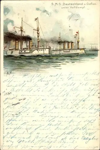 Künstler Litho Deutsches Kriegsschiff, SMS Deutschland und SMS Gefion unter Volldampf