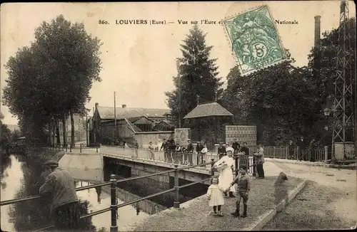 Ak Louviers Eure, Vue sur l'Eure, Brücke, Passanten