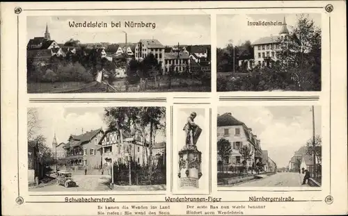 Ak Wendelstein in Mittelfranken, Ort, Invalidenheim, Wendenbrunnen Figur, Straßenpartie