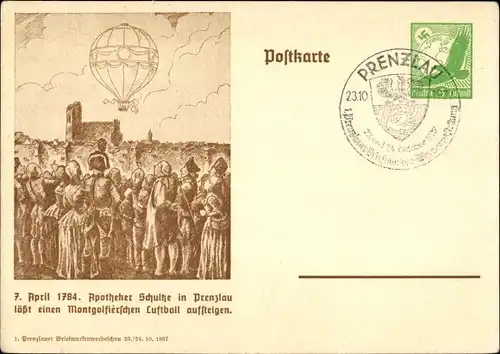 Künstler Ak Prenzlau in der Uckermark, Apotheker Schulze, Montgolfier'scher Luftball, 1784, Ballon